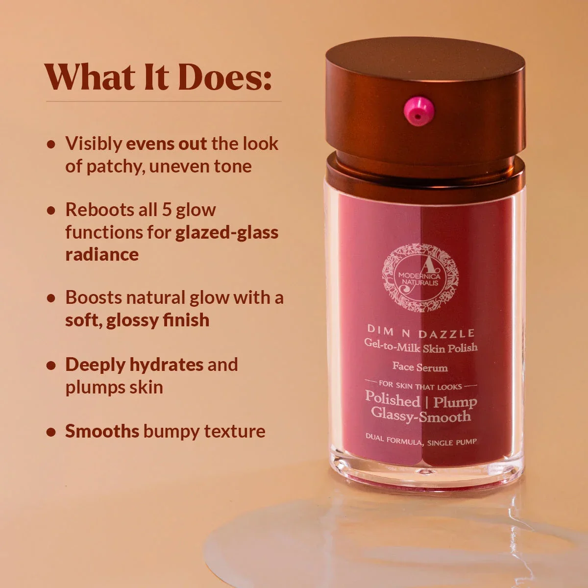 Dim N Dazzle Gel-to-Milk Skin Polish Face Serum: Even-tones & Plumps for Glassy, Polished looking skin – Enriched with Banafsha and Western Dock Plant – Best Double Serum for Polished, Plumped, Glassy-Smooth Skin - Image 4